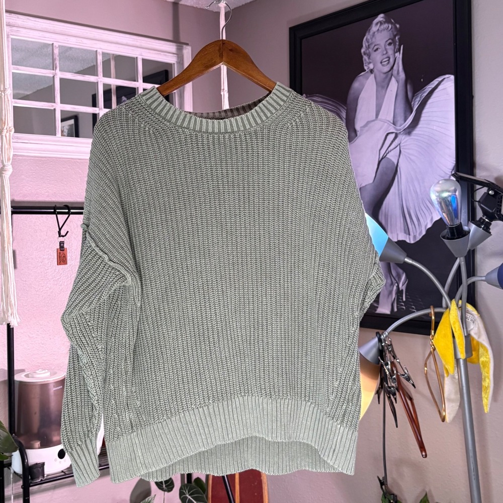American Eagle Sweater Womens M Green Excellent Shaker Knit Cotton Oversized Fit